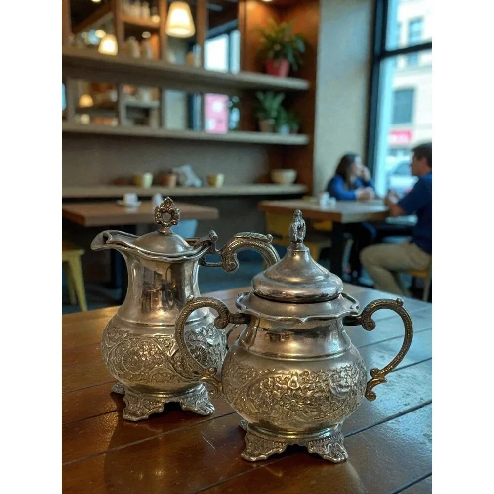 Vintage Silver Plated Creamer & Sugar Bowl Set With Ornate Handles And Feet - Picture 5 of 13